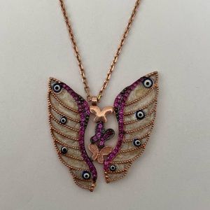 😇🦋Angel wing butterfly evil eye 925 silver necklace 14k rose gold plated